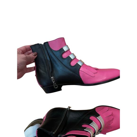 Modern Vice NYC Jett Black Pink Silver Leather Buckle Ankle Boots Size 37 7 - Picture 5 of 9